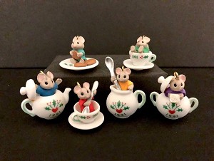 1991 Tiny Tea Party Mice set/6 Porcelain  *Miniature  Hallmark Keepsake Ornament 2900QXM582-7